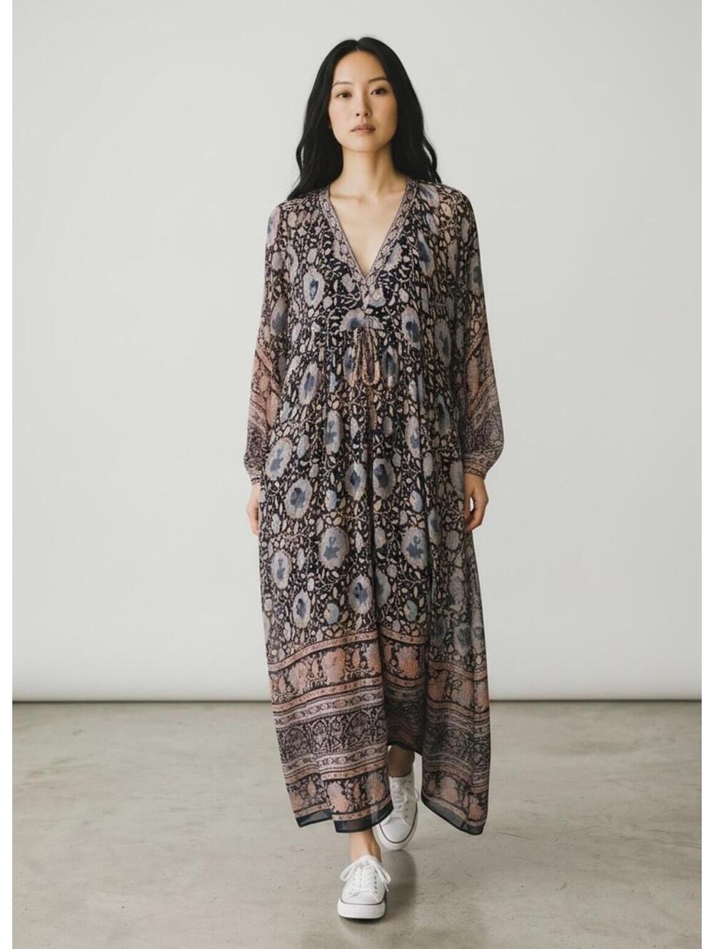 J. Peterman NWOT English Garden Caftan-Size M-Black Floral